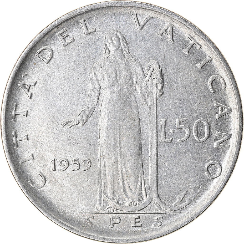 Münze, Vatikanstadt, John XXIII, 50 Lire, 1959, VZ, Stainless Steel, KM:63.1