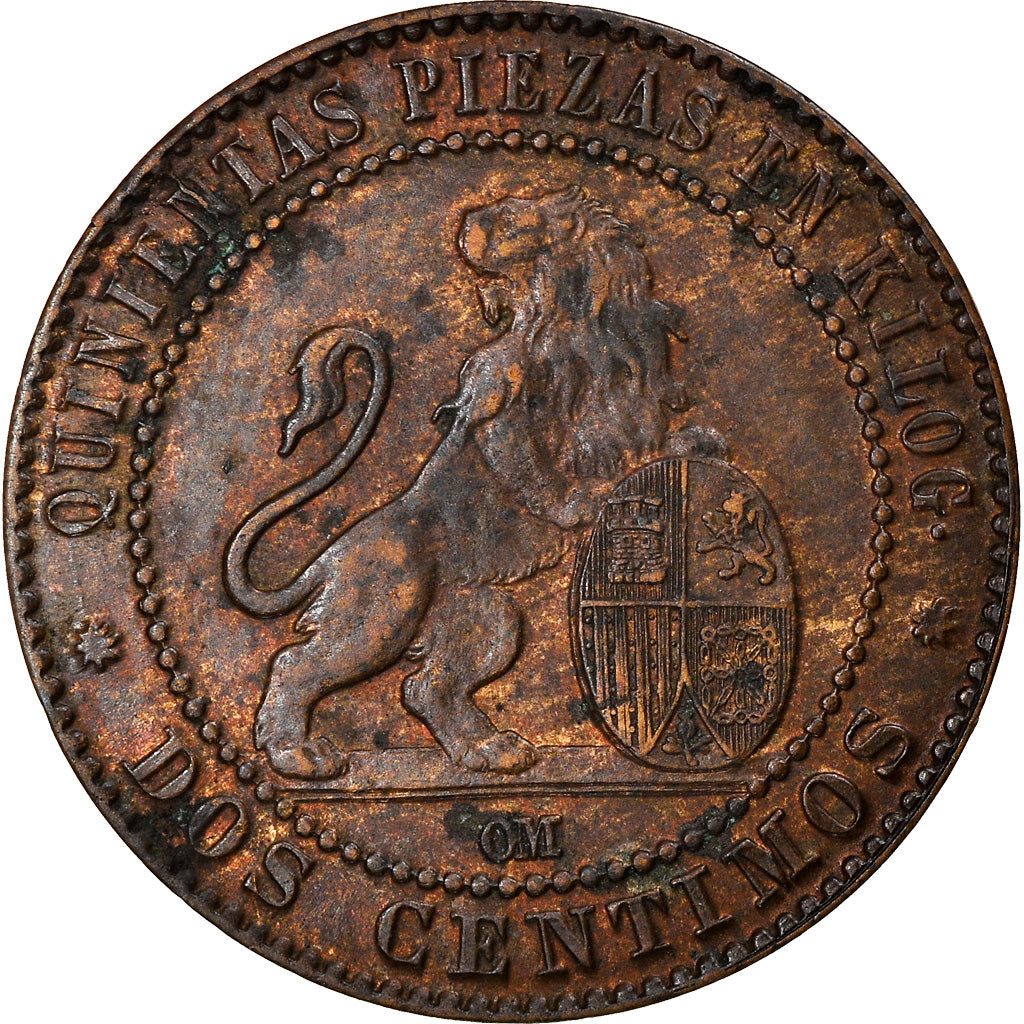 Moneda, España, Provisional Government, 2 Centimos, 1870, Madrid, MBC+, Cobre