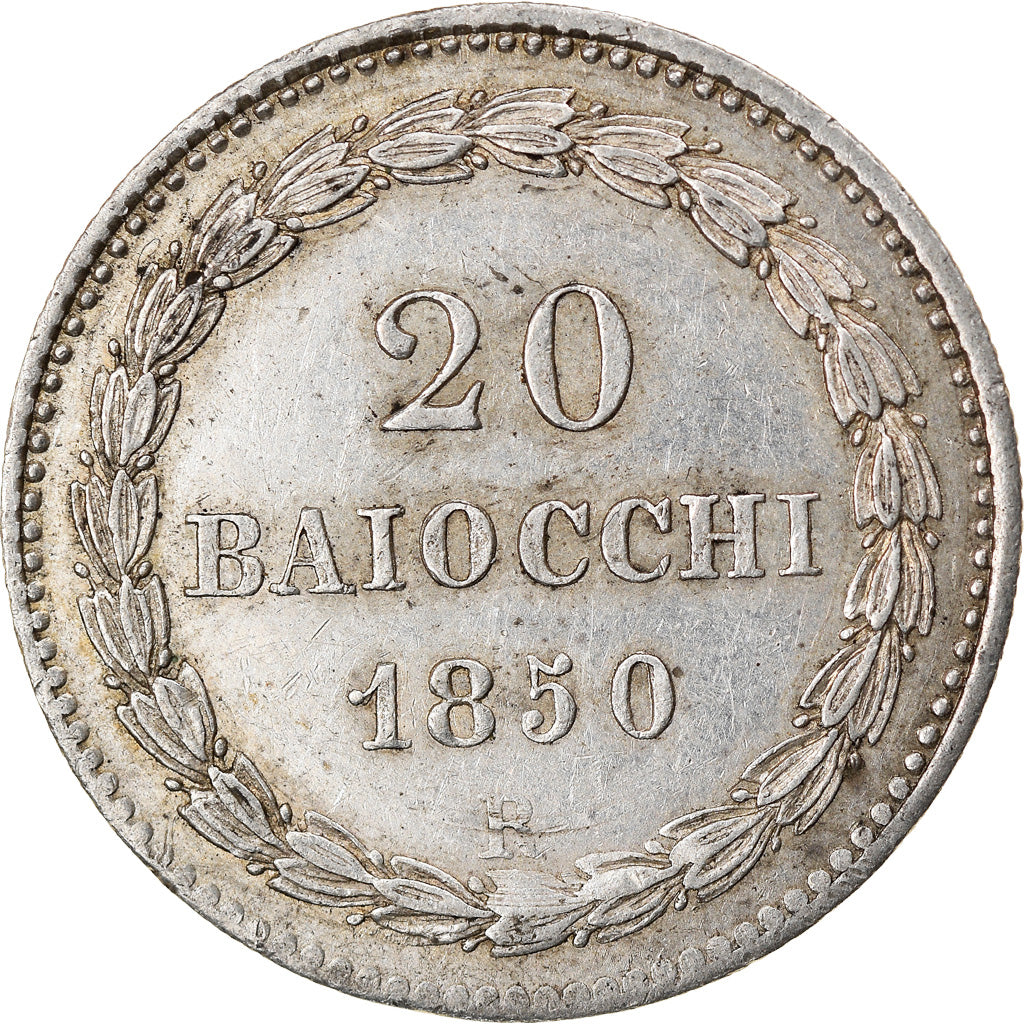 Munten, Italiaanse staten, PAPAL STATES, Pius IX, 20 Baiocchi, 1850, Roma, ZF+