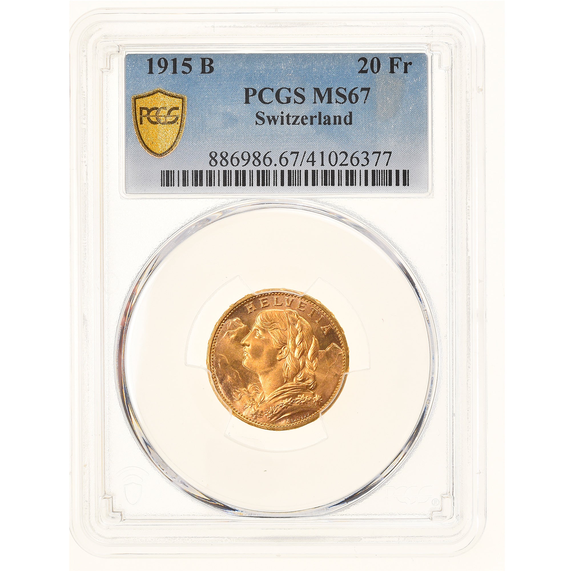 Moneda, Suiza, 20 Francs, 1915, Bern, PCGS, MS67, FDC, Oro, KM:35.1, graded