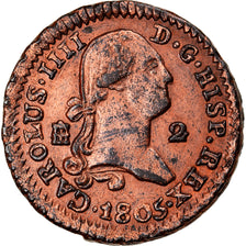 Coin, Spain, Charles IV, 2 Maravedis, 1805, Segovia, AU(50-53), Copper, KM:426