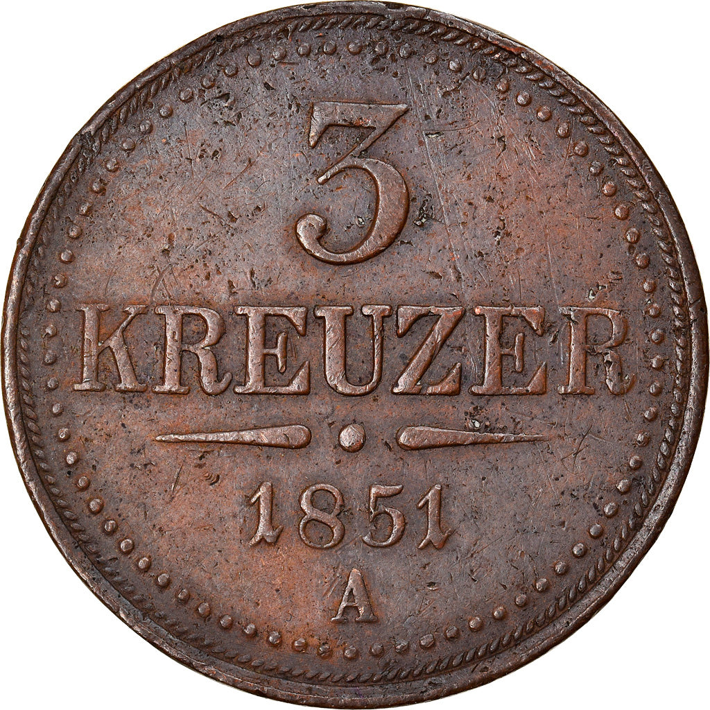 Coin, Austria, Franz Joseph I, 3 Kreuzer, 1851, Vienna, EF(40-45), Copper
