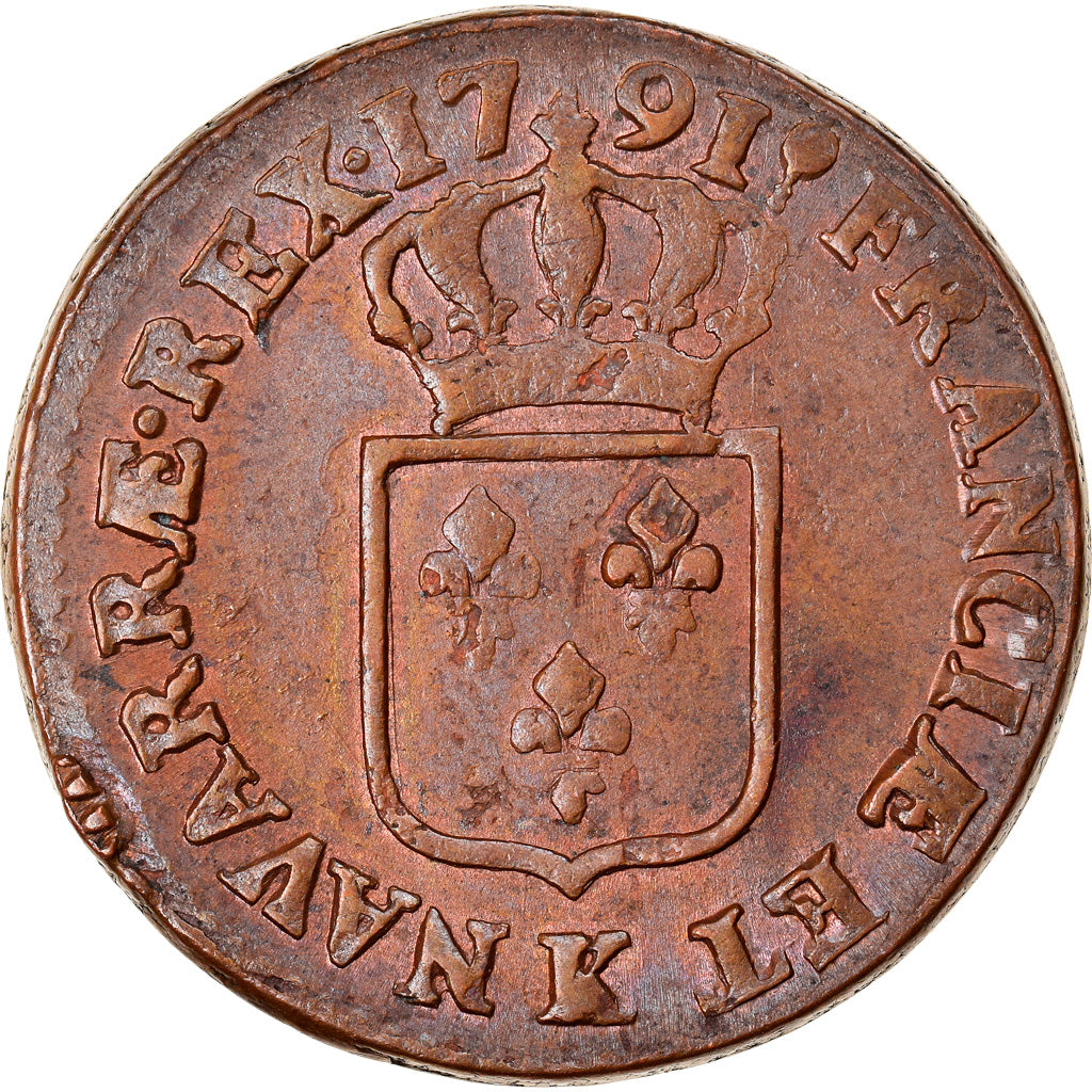 Moneta, Francia, Louis XVI, Sol ou sou, Sol, 1791, Bordeaux, BB+, Rame