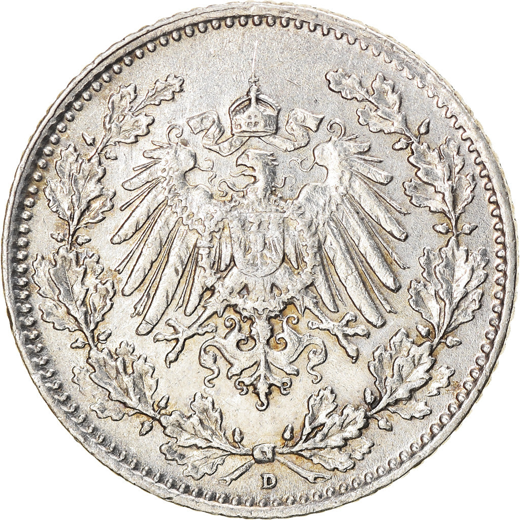 Coin, GERMANY - EMPIRE, 1/2 Mark, 1913, Munich, EF(40-45), Silver, KM:17