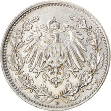 Coin, GERMANY - EMPIRE, 1/2 Mark, 1913, Munich, EF(40-45), Silver, KM:17