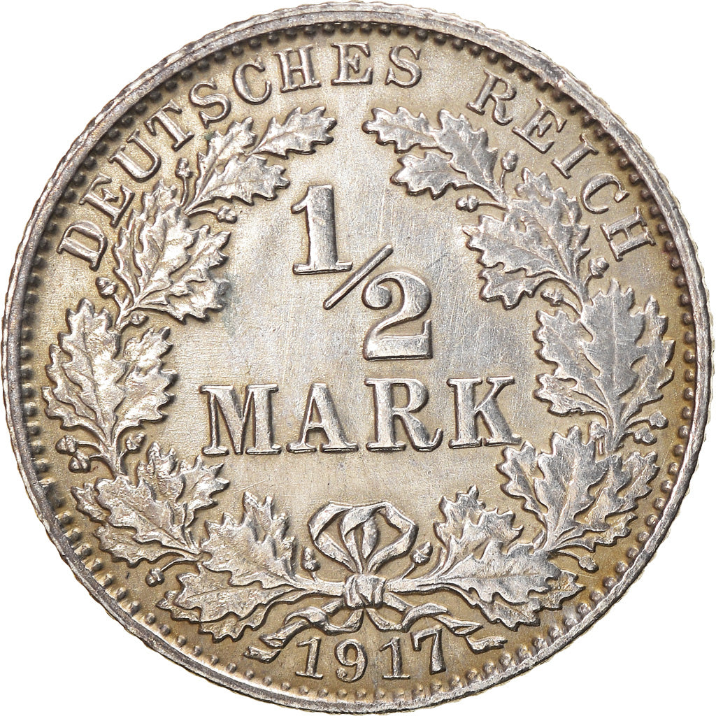 Coin, GERMANY - EMPIRE, 1/2 Mark, 1917, Karlsruhe, EF(40-45), Silver, KM:17