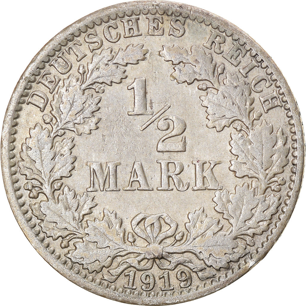 Coin, GERMANY - EMPIRE, 1/2 Mark, 1919, Berlin, EF(40-45), Silver, KM:17