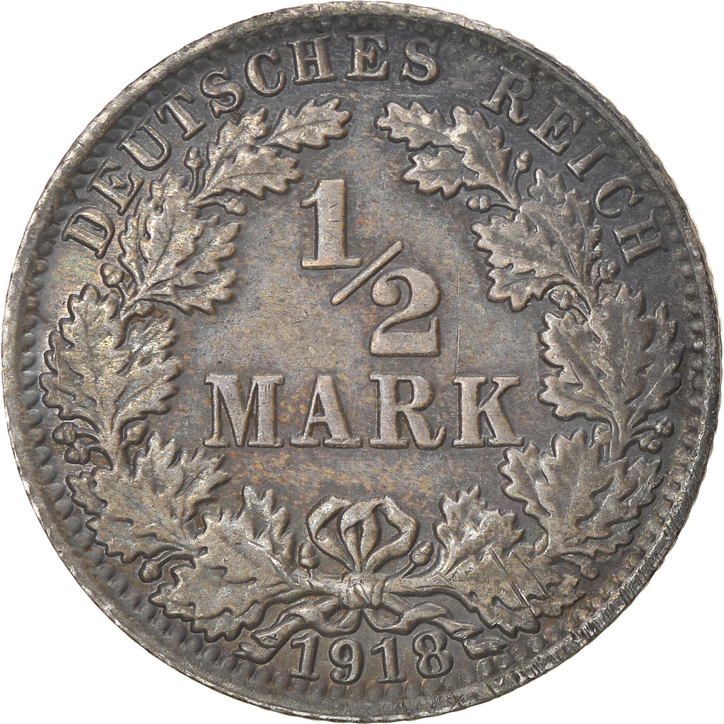 Coin, GERMANY - EMPIRE, 1/2 Mark, 1918, Berlin, EF(40-45), Silver, KM:17