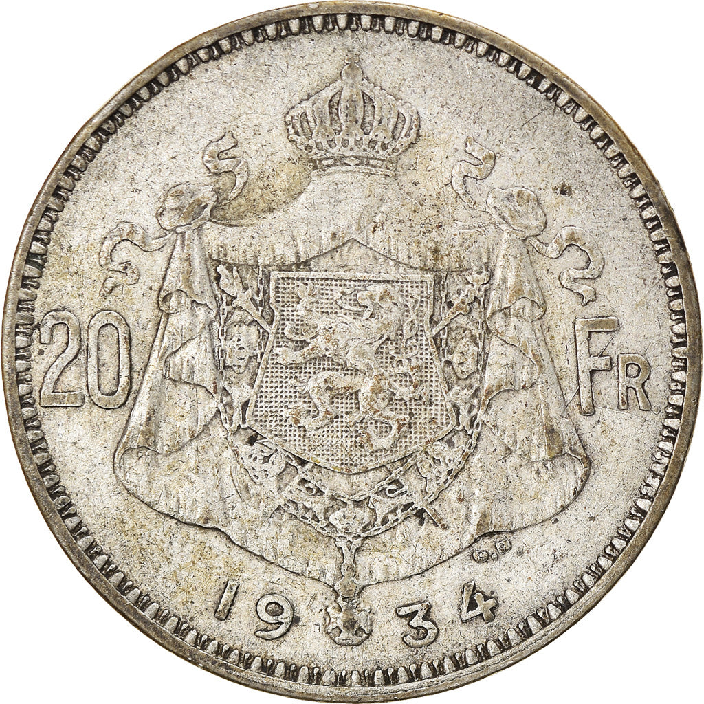 Coin, Belgium, 20 Francs, 20 Frank, 1934, VF(20-25), Silver, KM:103.1