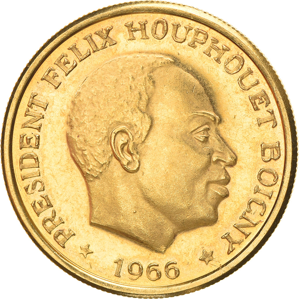Coin, Ivory Coast, Félix Houphouët-Boigny, 25 Francs, 1966, AU(55-58), Gold