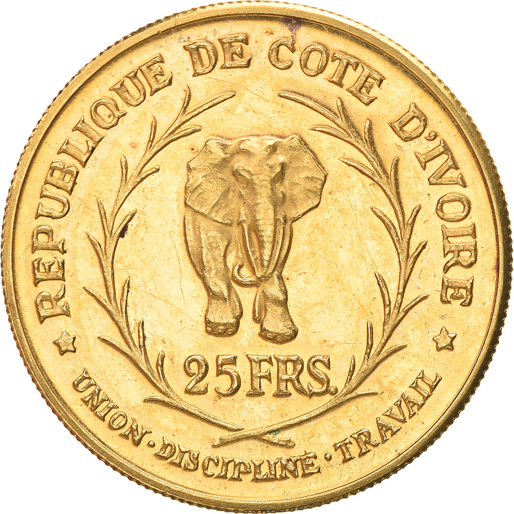 Coin, Ivory Coast, Félix Houphouët-Boigny, 25 Francs, 1966, AU(55-58), Gold