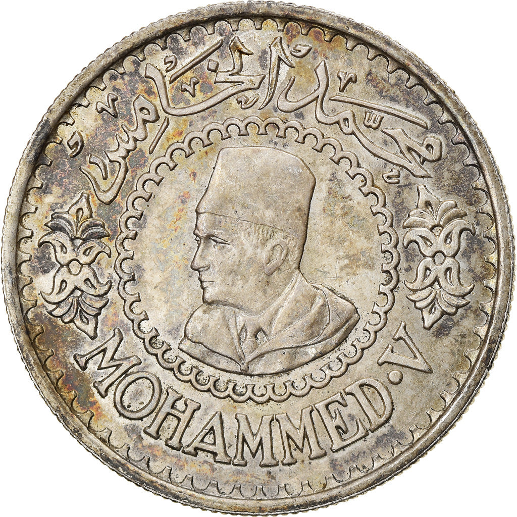 Coin, Morocco, Mohammed V, 500 Francs, 1956, Paris, AU(55-58), Silver, KM:54