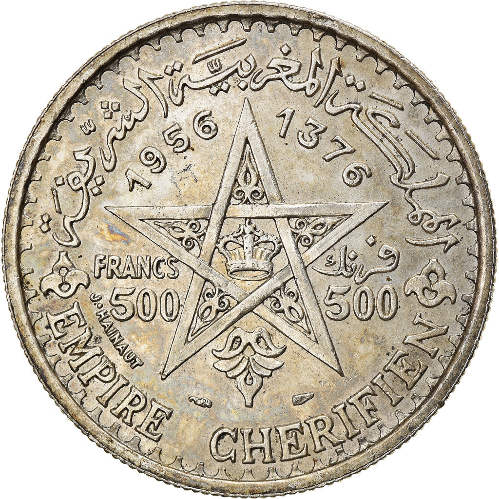 Coin, Morocco, Mohammed V, 500 Francs, 1956, Paris, AU(55-58), Silver, KM:54