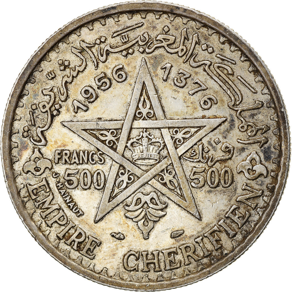 Coin, Morocco, Mohammed V, 500 Francs, 1956, Paris, AU(50-53), Silver, KM:54