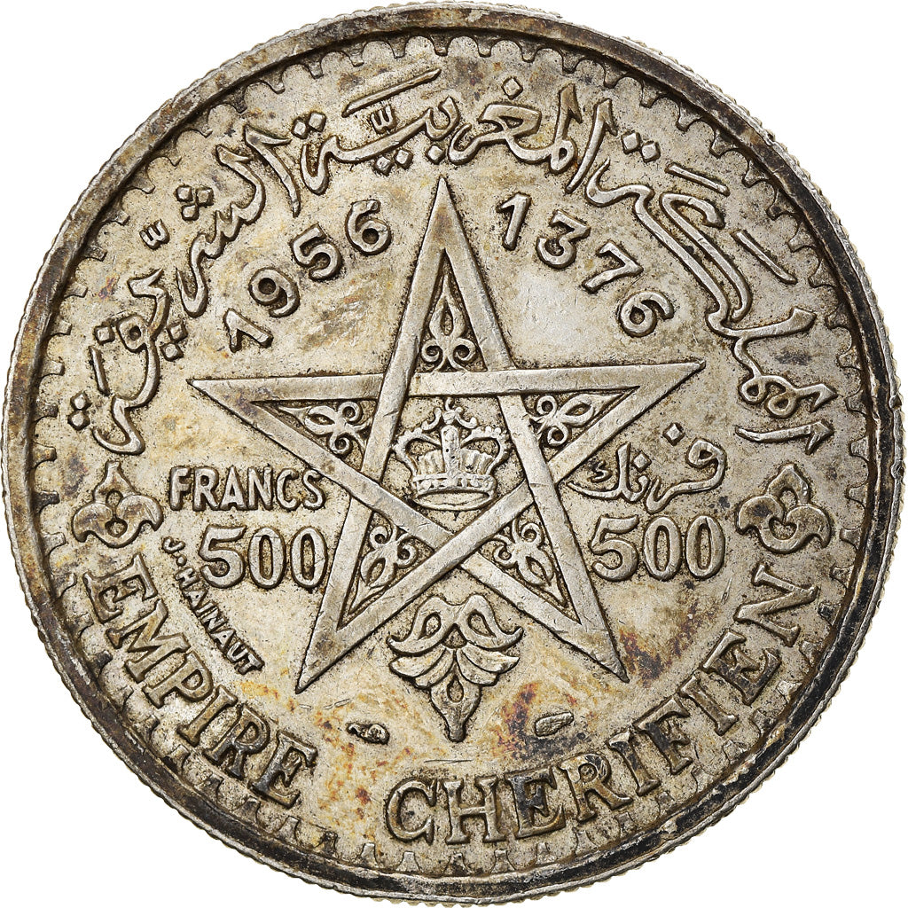 Coin, Morocco, Mohammed V, 500 Francs, 1956, Paris, AU(50-53), Silver, KM:54