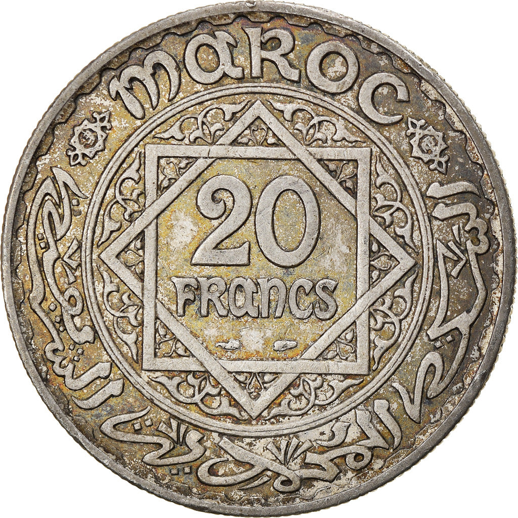 Coin, Morocco, Mohammed V, 20 Francs, AH 1347/1928, Paris, EF(40-45), Silver