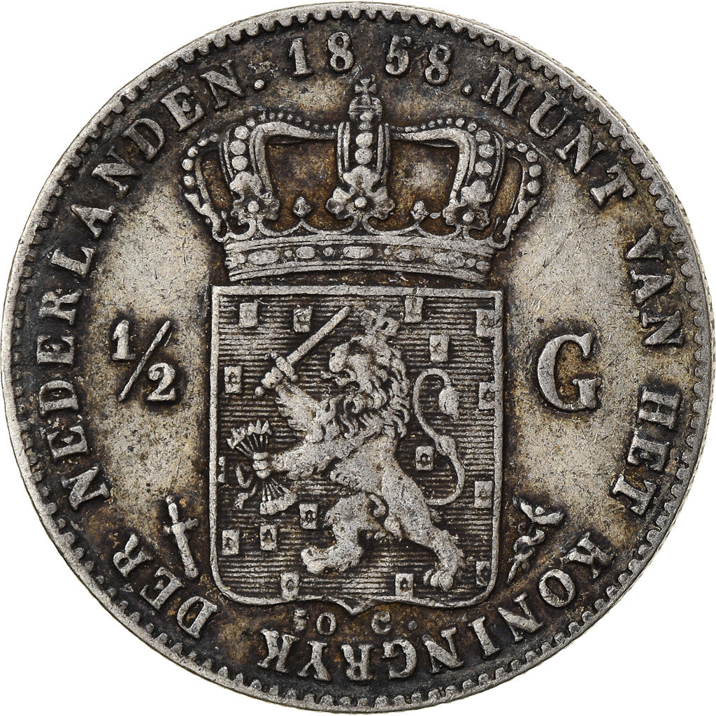 Coin, Netherlands, William III, 1/2 Gulden, 1858, Utrecht, VF(30-35), Silver