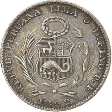 Coin, Peru, SOUTH PERU, Dinero, 1892, Lima, EF(40-45), Silver, KM:204.1