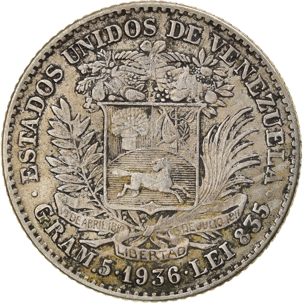 Coin, Venezuela, Gram 5, Bolivar, 1936, VF(30-35), Silver, KM:22