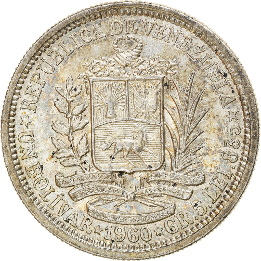 Coin, Venezuela, Bolivar, 1960, MS(63), Silver, KM:37a