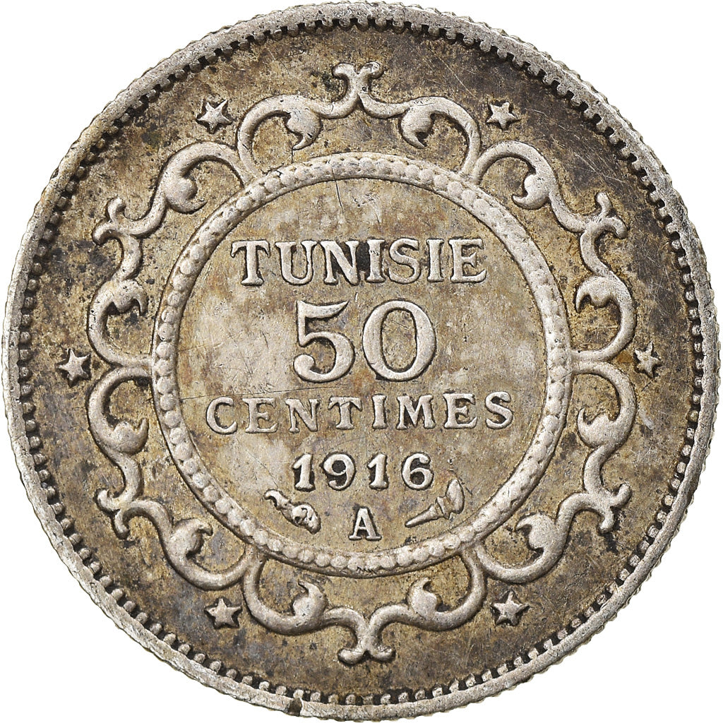 Coin, Tunisia, Muhammad al-Nasir Bey, 50 Centimes, 1916, Paris, EF(40-45)