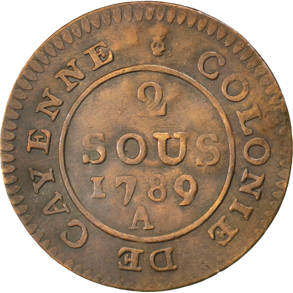 FRENCH GUIANA, 2 Sous, 1789, Paris, KM #1, EF(40-45), Billon, 23, 1.42