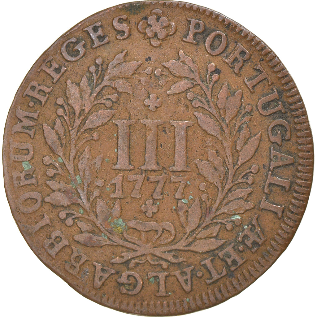 Coin, Portugal, Maria I and Pedro III, 3 Reis, III, 1777, EF(40-45), Copper