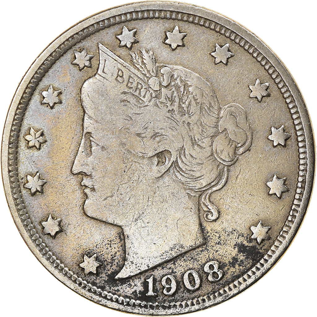 Coin, United States, Liberty Nickel, 5 Cents, 1908, U.S. Mint, Philadelphia
