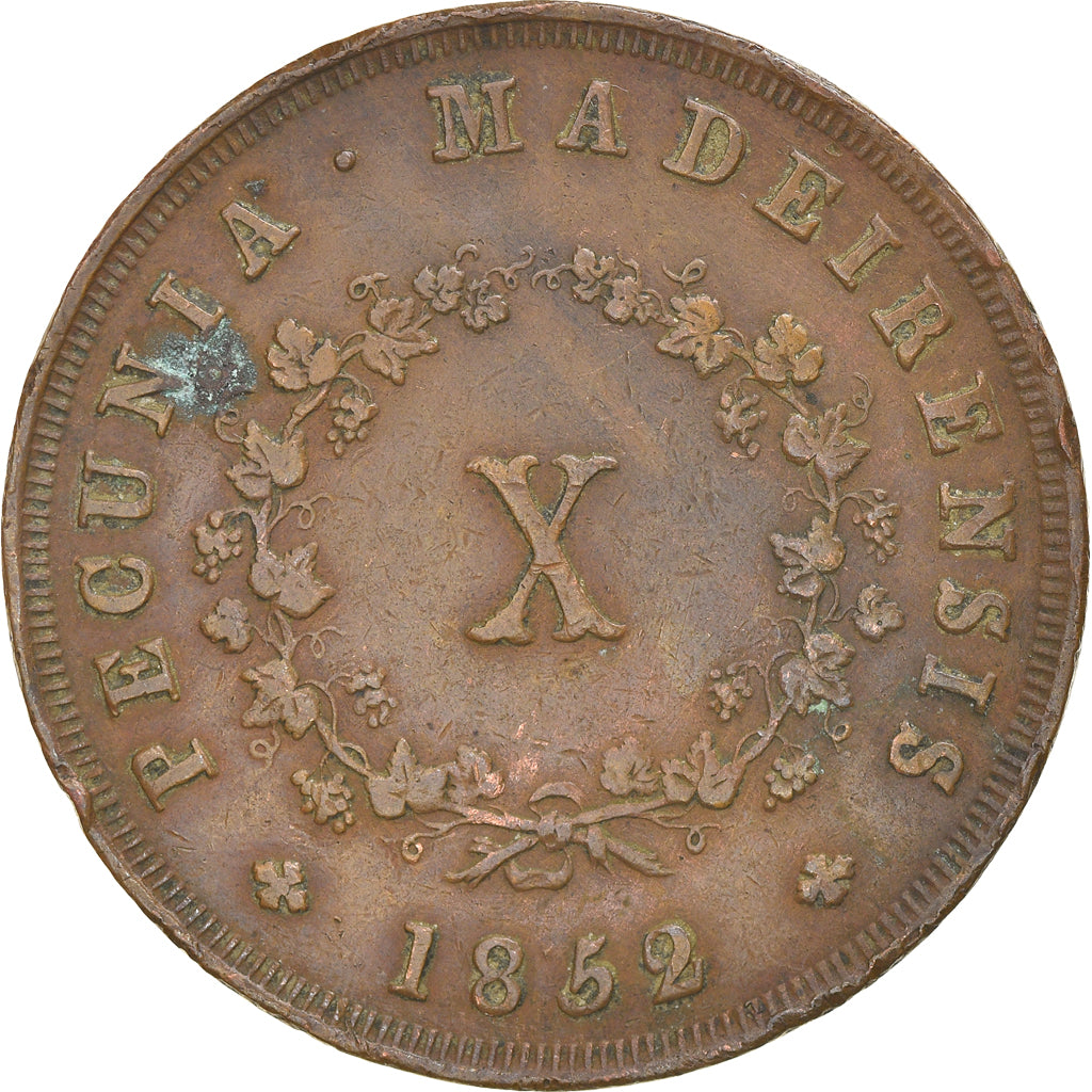 Coin, MADEIRA ISLANDS, Maria II, 10 Reis, X Reis, 1852, EF(40-45), Copper, KM:2