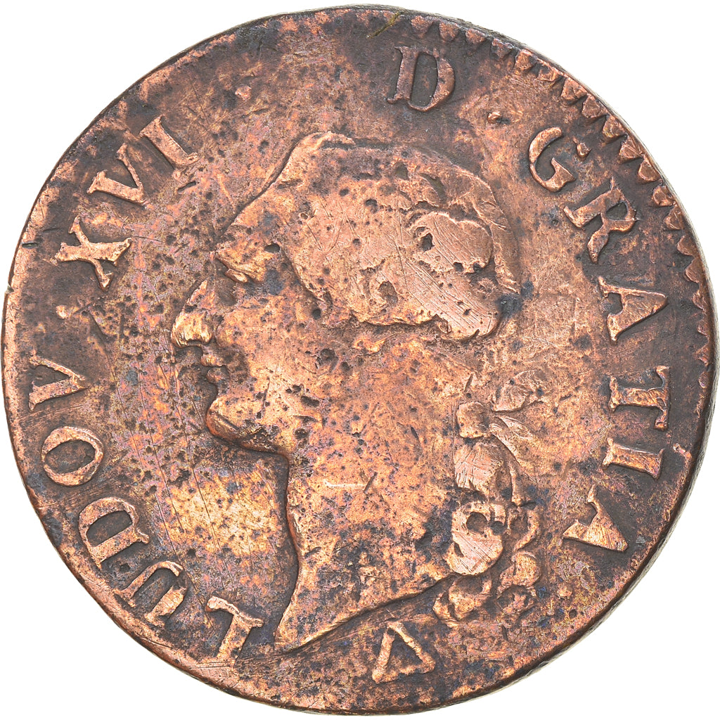 Moneta, Francia, Louis XVI, Sol ou sou, Sol, 1791, Orléans, MB, Rame