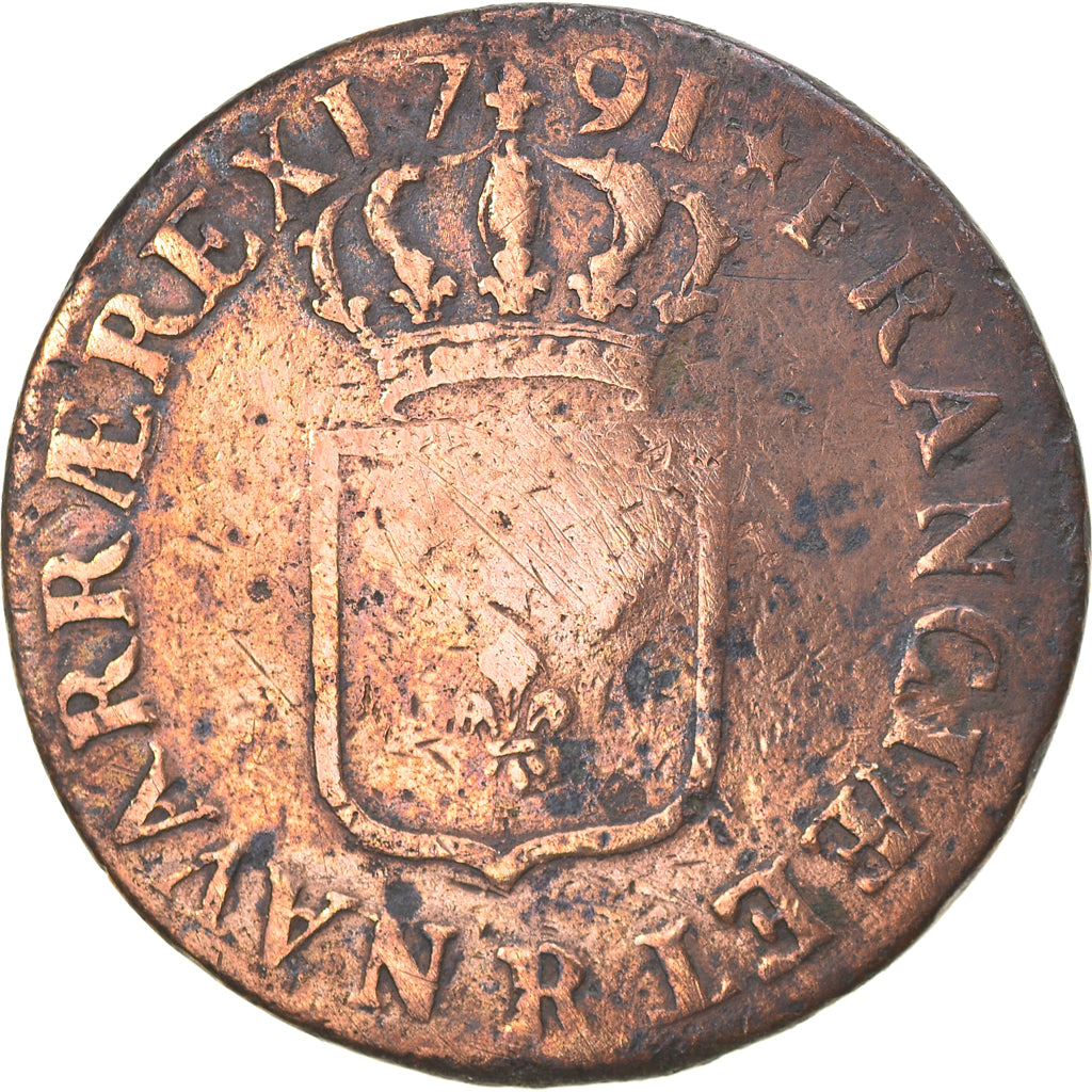 Moneta, Francia, Louis XVI, Sol ou sou, Sol, 1791, Orléans, MB, Rame