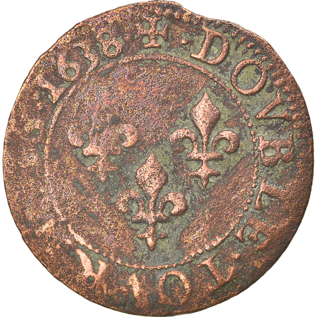 Moneta, Francia, Louis XIII, Double tournois, buste laurée et drapé, Double