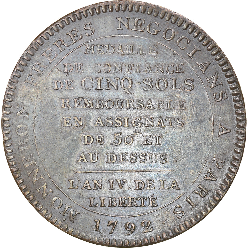 Coin, France, 5 Sols, 1792, Birmingham, AU(50-53), Bronze, KM:Tn31