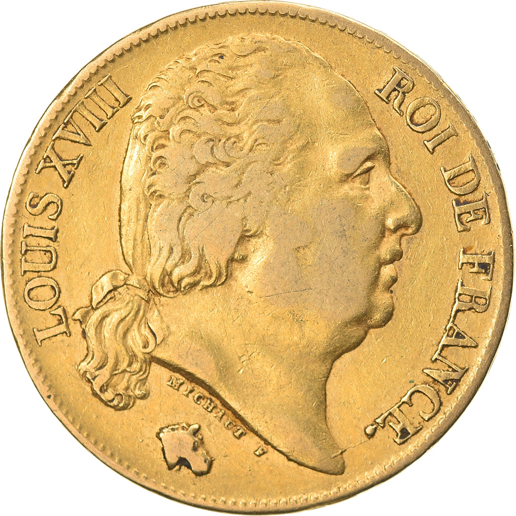 Moeda, França, Louis XVIII, Louis XVIII, 20 Francs, 1824, Paris, VF(30-35)