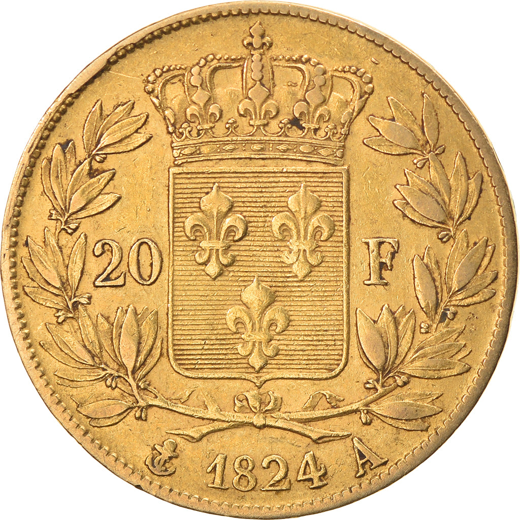 Moeda, França, Louis XVIII, Louis XVIII, 20 Francs, 1824, Paris, VF(30-35)