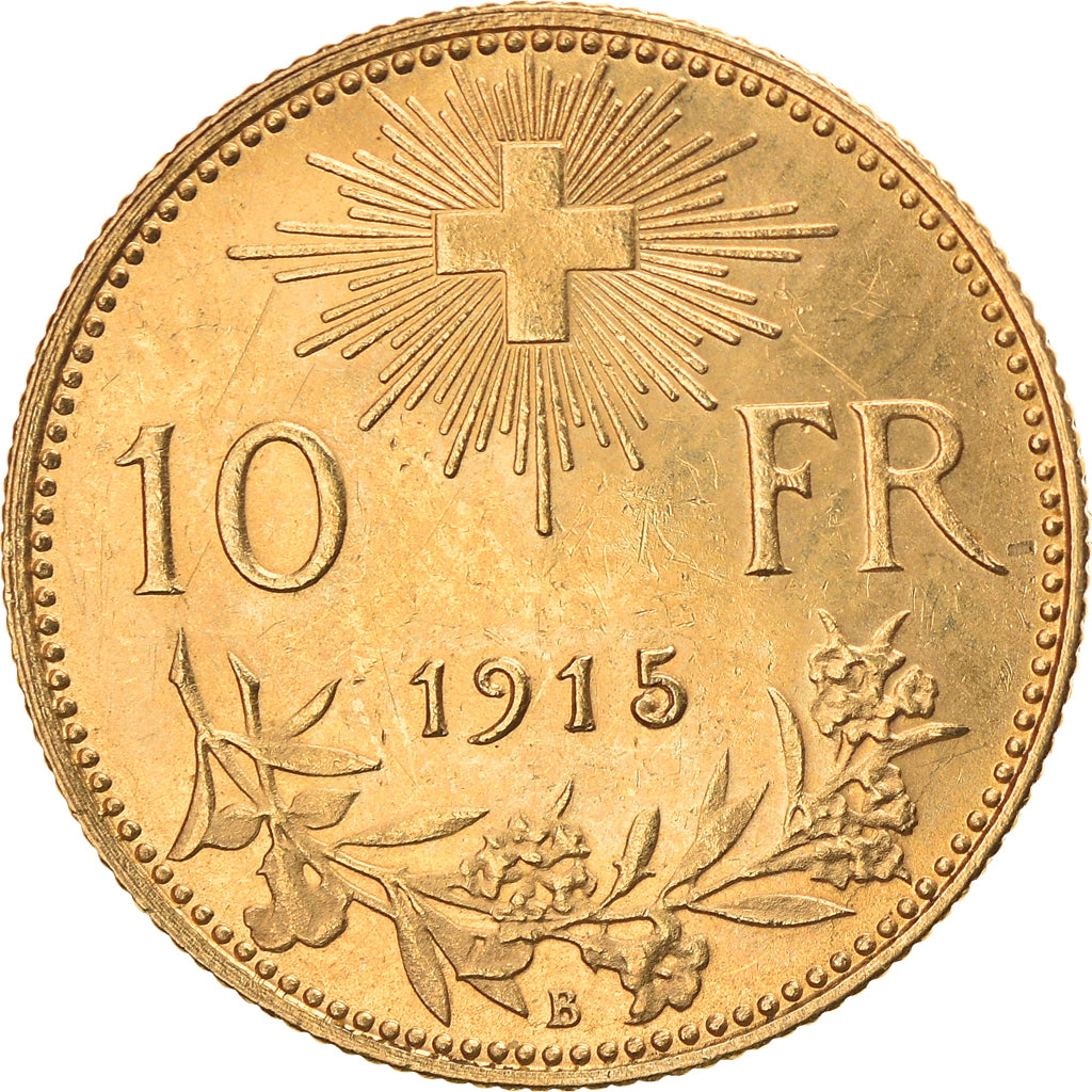 Coin, Switzerland, 10 Francs, 1915, Bern, AU(55-58), Gold, KM:36