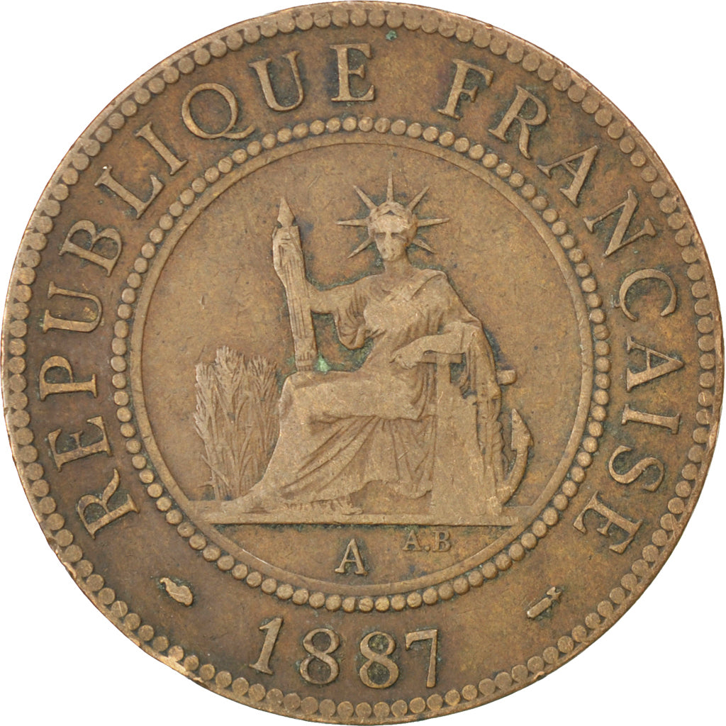 FRENCH INDO-CHINA, Cent, 1887, Paris, KM #1, VF(30-35), Bronze, 31, Lecompte...