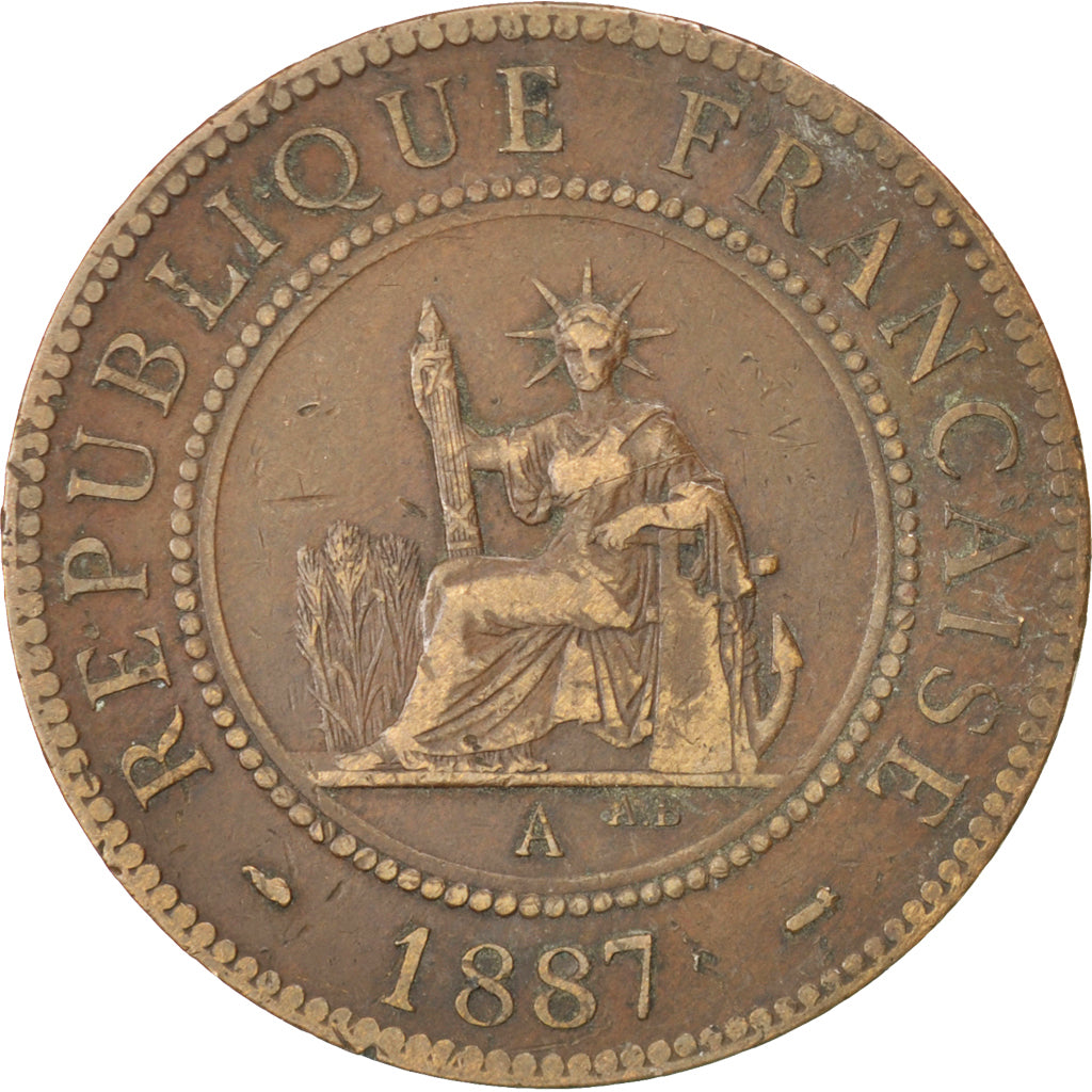 FRENCH INDO-CHINA, Cent, 1887, Paris, KM #1, VF(30-35), Bronze, 31, Lecompte...