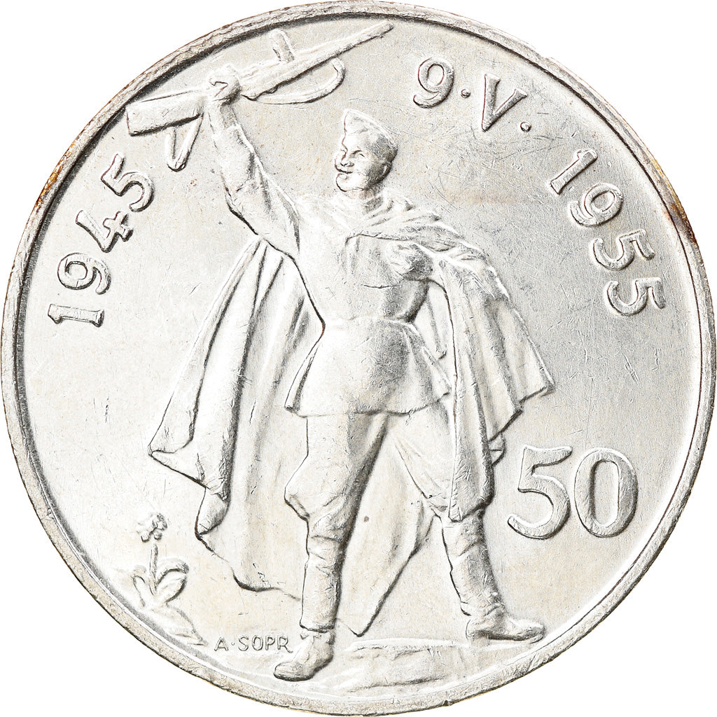 Coin, Czechoslovakia, 50 Korun, 1955, AU(50-53), Silver, KM:44