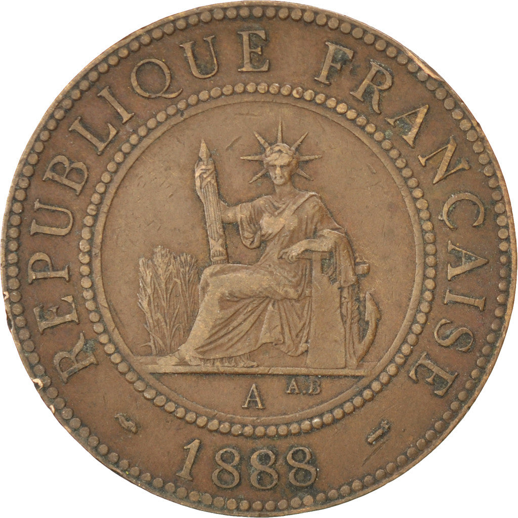 FRENCH INDO-CHINA, Cent, 1888, Paris, KM #1, EF(40-45), Bronze, 31, Lecompte...