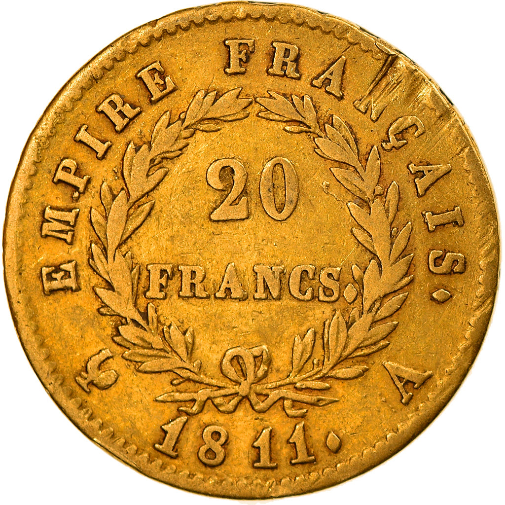 Moneta, Francia, Napoléon I, 20 Francs, 1811, Paris, MB+, Oro, KM:695.1