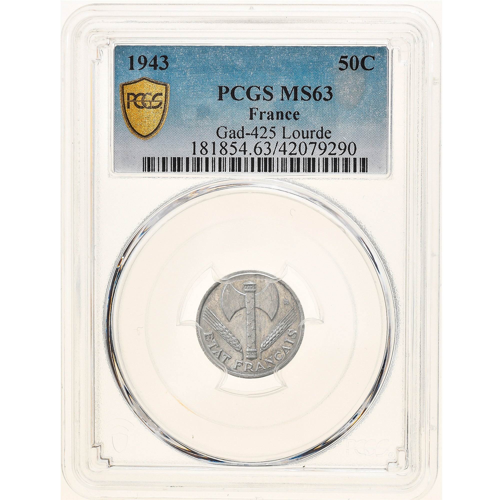 Monnaie, France, 50 Centimes, 1943, Paris, Lourde, PCGS, MS63, SPL, Aluminium