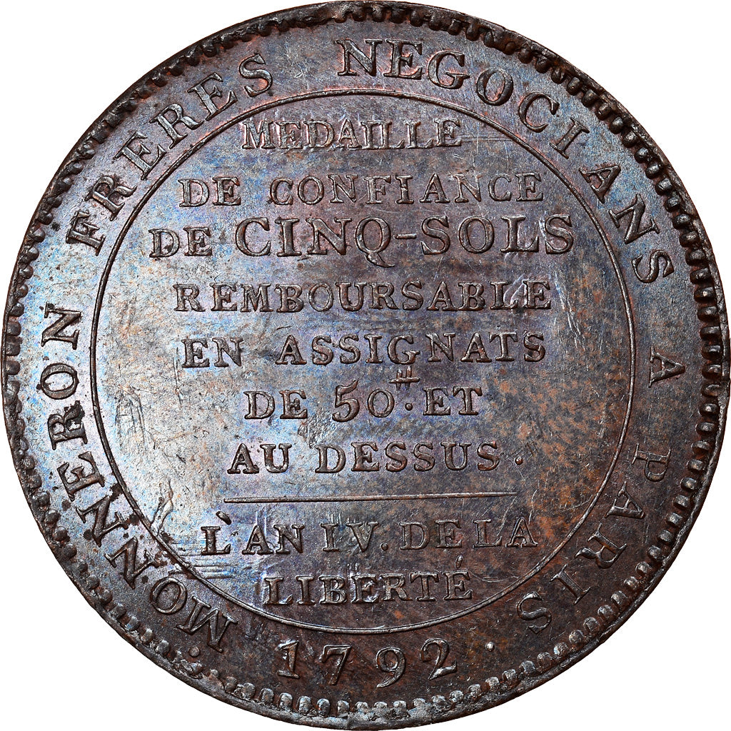 Coin, France, Monneron, 5 Sols, 1792, Birmingham, MS(63), Bronze, KM:Tn31
