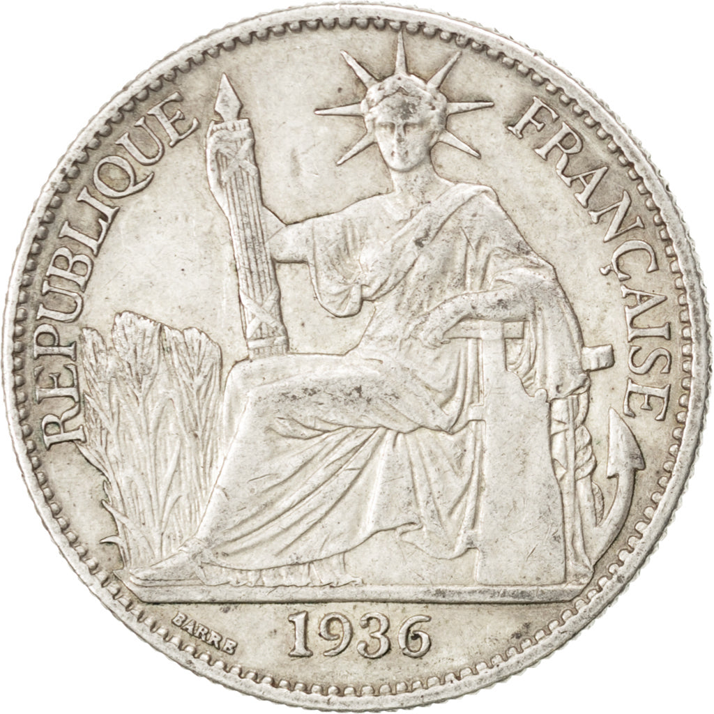 FRENCH INDO-CHINA, 50 Cents, 1936, Paris, KM #4a.2, EF(40-45), Silver, Lecompte.