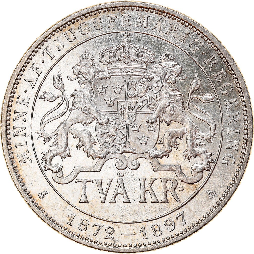 Coin, Sweden, Oscar II, 2 Kronor, 1897, MS(60-62), Silver, KM:762
