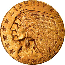 Moneta, USA, Indian Head, $5, Half Eagle, 1908, U.S. Mint, Philadelphia