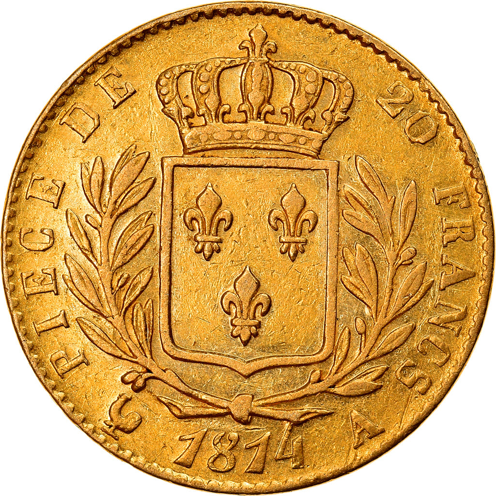 Coin, France, Louis XVIII, 20 Francs, 1814, Paris, AU(50-53), Gold, KM:706.1