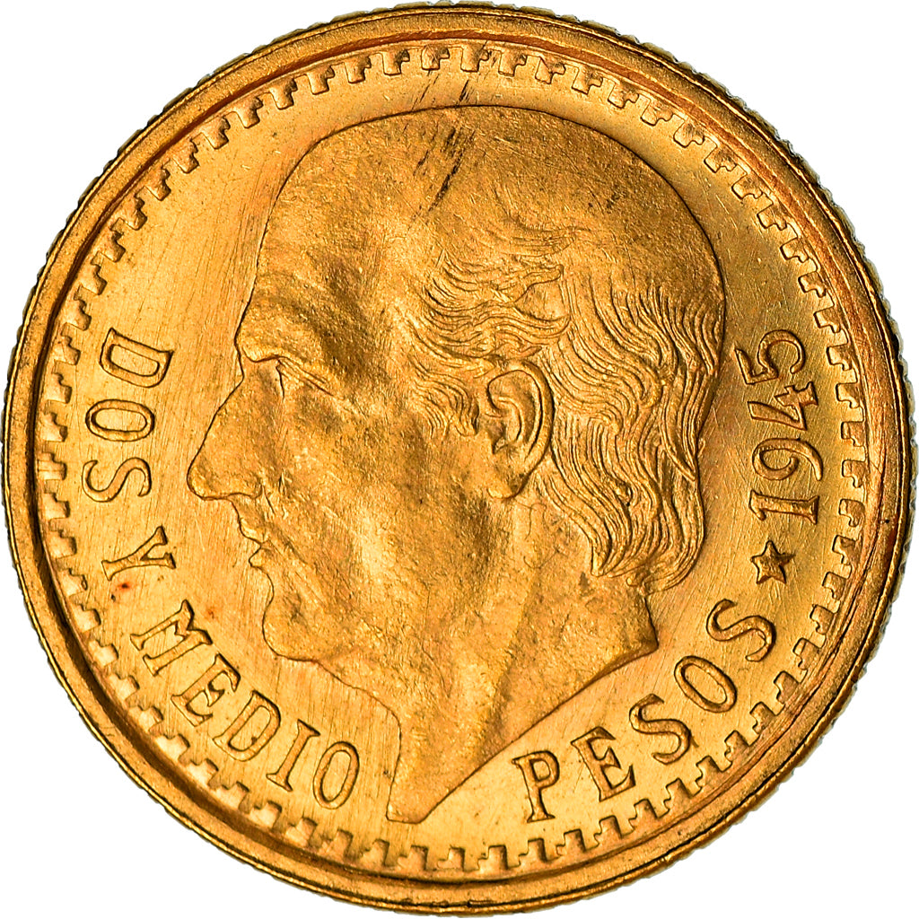 Coin, Mexico, 2-1/2 Pesos, 1945, Mexico City, MS(60-62), Gold, KM:463