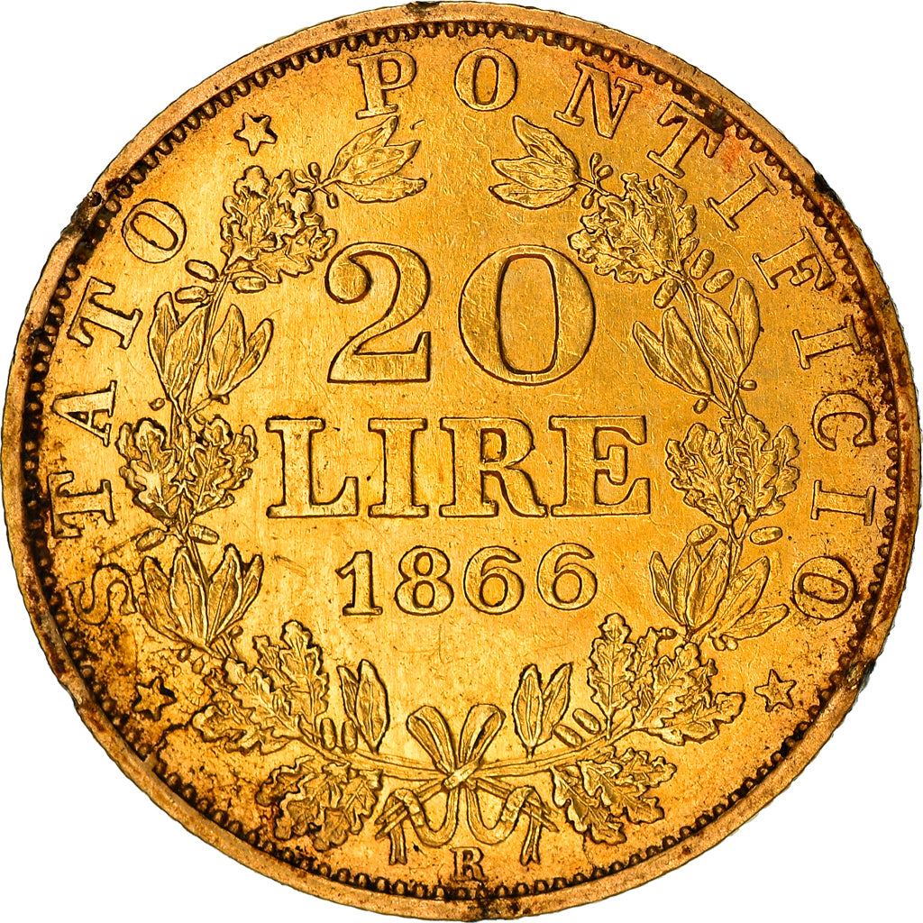 Moneda, Estados italianos, PAPAL STATES, Pius IX, 20 Lire, 1866, Roma, MBC, Oro