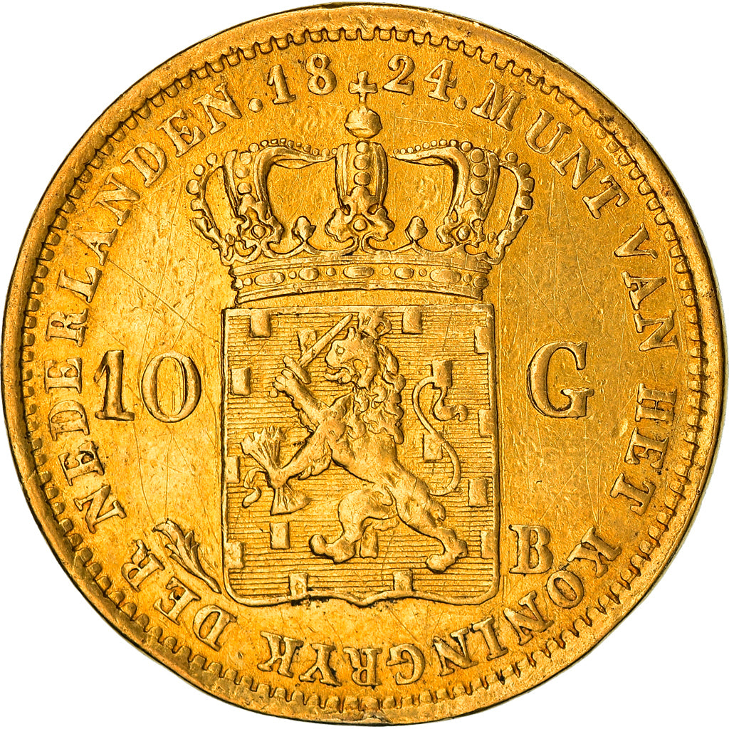 Coin, Netherlands, William I, 10 Gulden, 1824, Brussels, VF(20-25), Gold, KM:56
